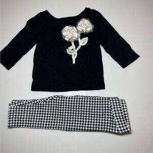 Janie and Jack Black Top with White Floral Design and Houndstooth Leggings